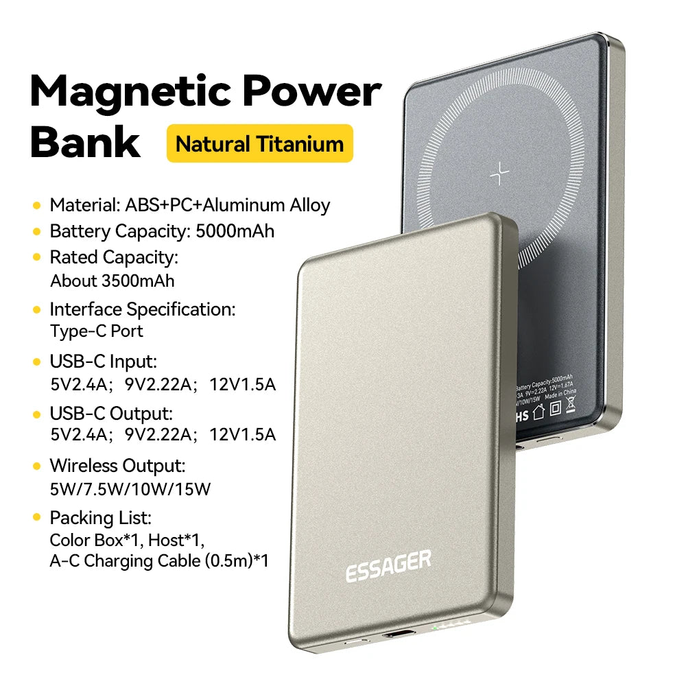 Power Bank Magnético Essager 5000mAh 20W — Carga Rápida MagSafe
