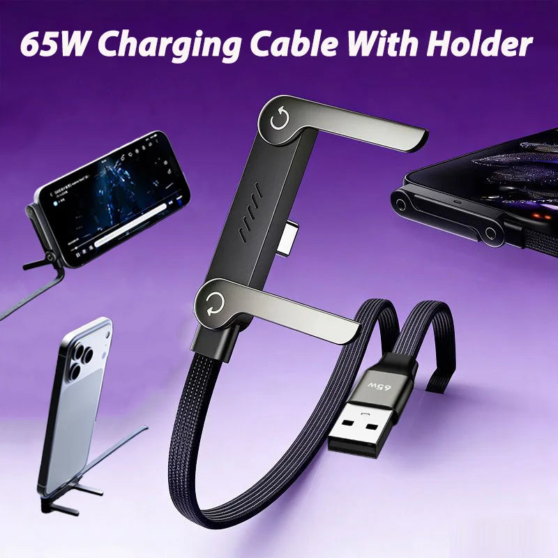 Cable USB-C 65W 2 en 1 con Soporte Plegable — Carga y Sostiene tu Teléfono
