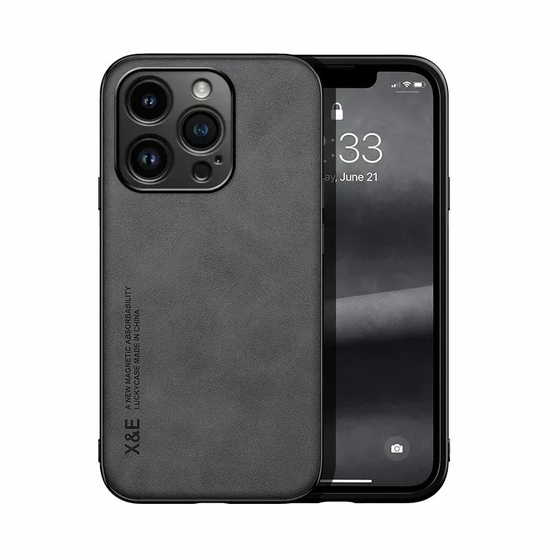 Funda de Cuero con Placa Metálica para iPhone — Soporte para Auto