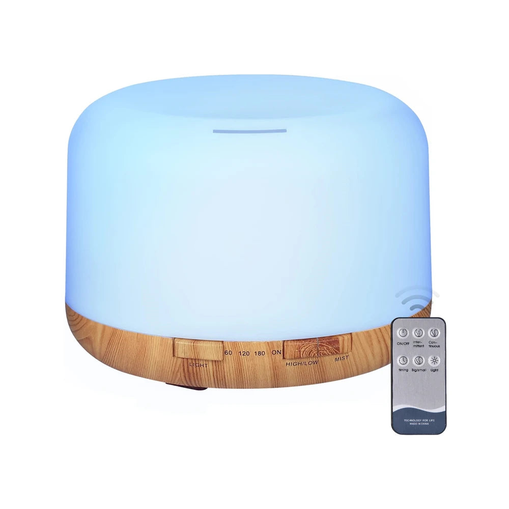 Humidificador Difusor 500ml Diseño Madera – Control Remoto, Luz Nocturna RGB para Hogar