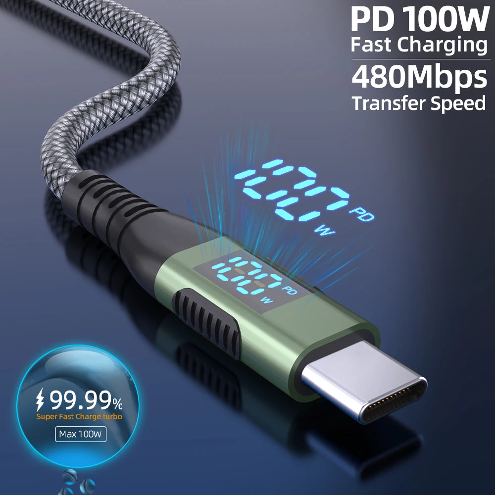 Cable USB-C 100W con Pantalla LED — Carga Rápida PD 5A
