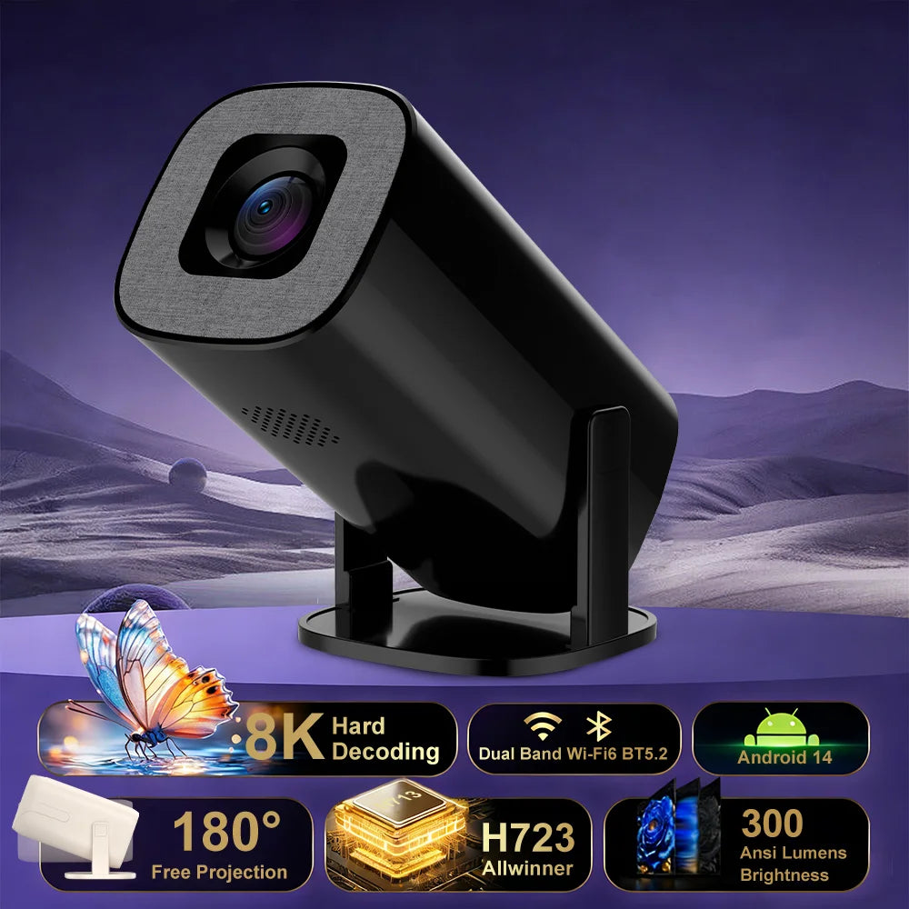Proyector Portátil 720P – WiFi6, Bluetooth 5.2, Android 14, 300 ANSI Lúmenes para Cuarto y Exterior
