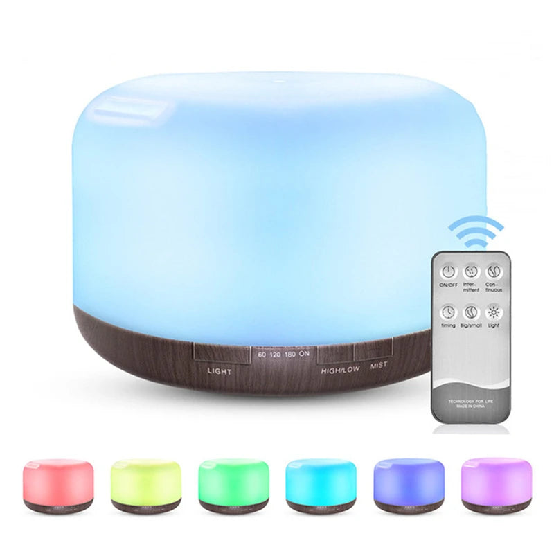 Humidificador Difusor 500ml Diseño Madera – Control Remoto, Luz Nocturna RGB para Hogar