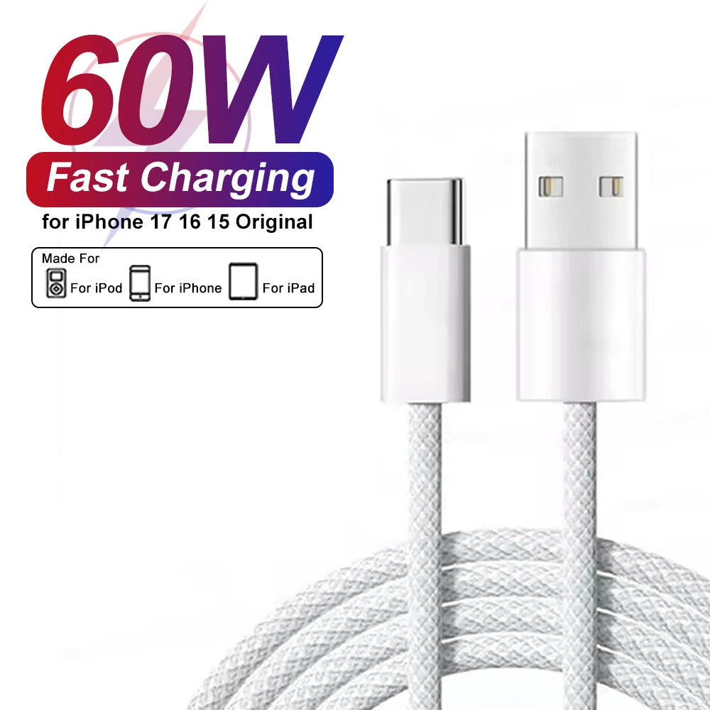 Cable USB-C 60W Carga Rápida para iPhone 15, 16 y 17 — Trenzado Nylon