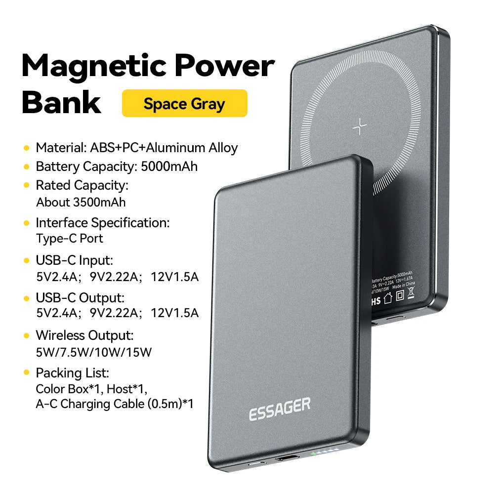 Power Bank Magnético Essager 5000mAh 20W — Carga Rápida MagSafe