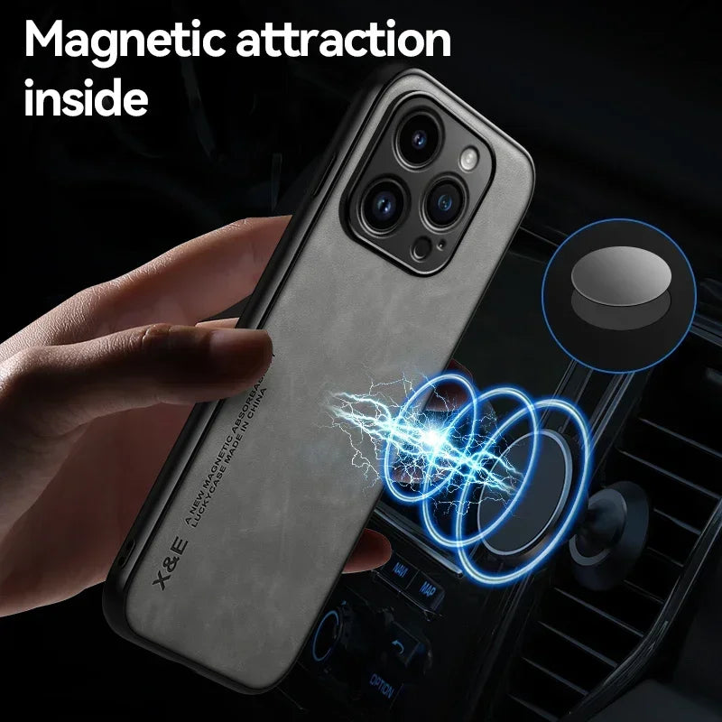 Funda de Cuero con Placa Metálica para iPhone — Soporte para Auto