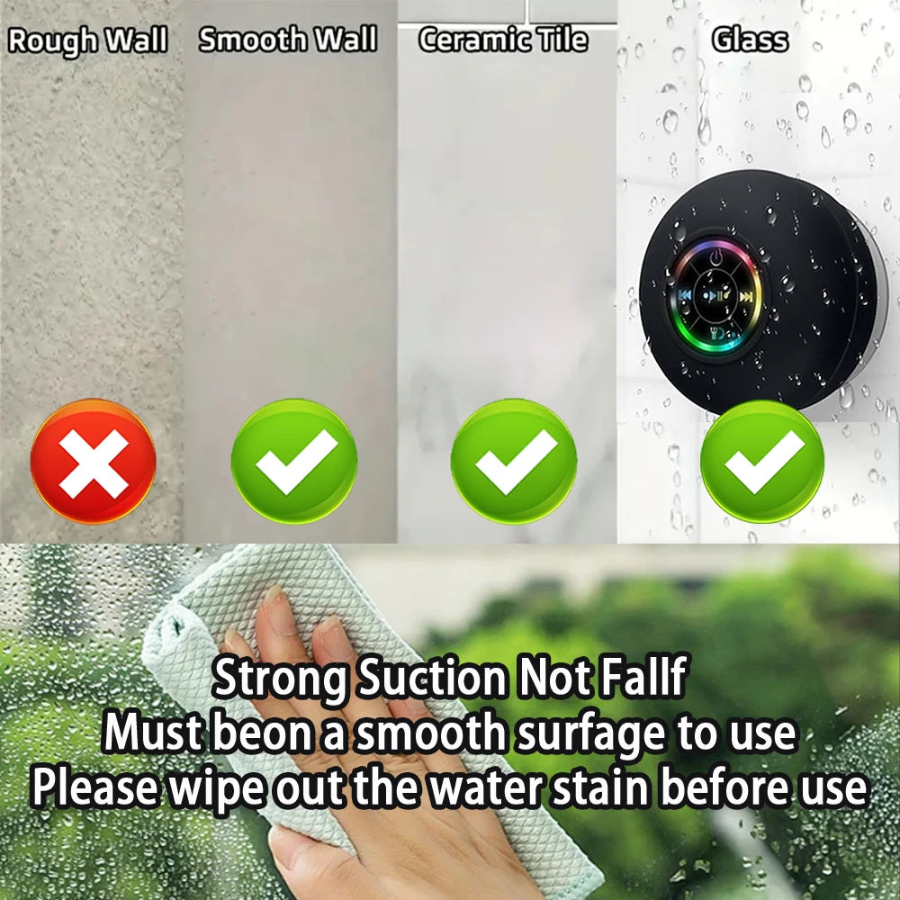 Bocina Bluetooth Portátil con Luz LED y Ventosa para Baño y Exterior