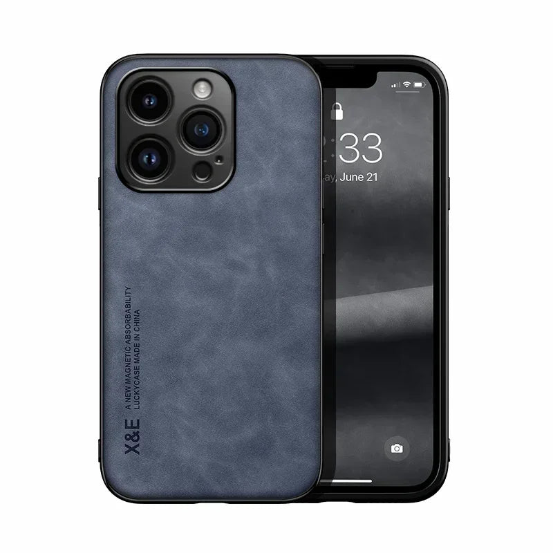 Funda de Cuero con Placa Metálica para iPhone — Soporte para Auto