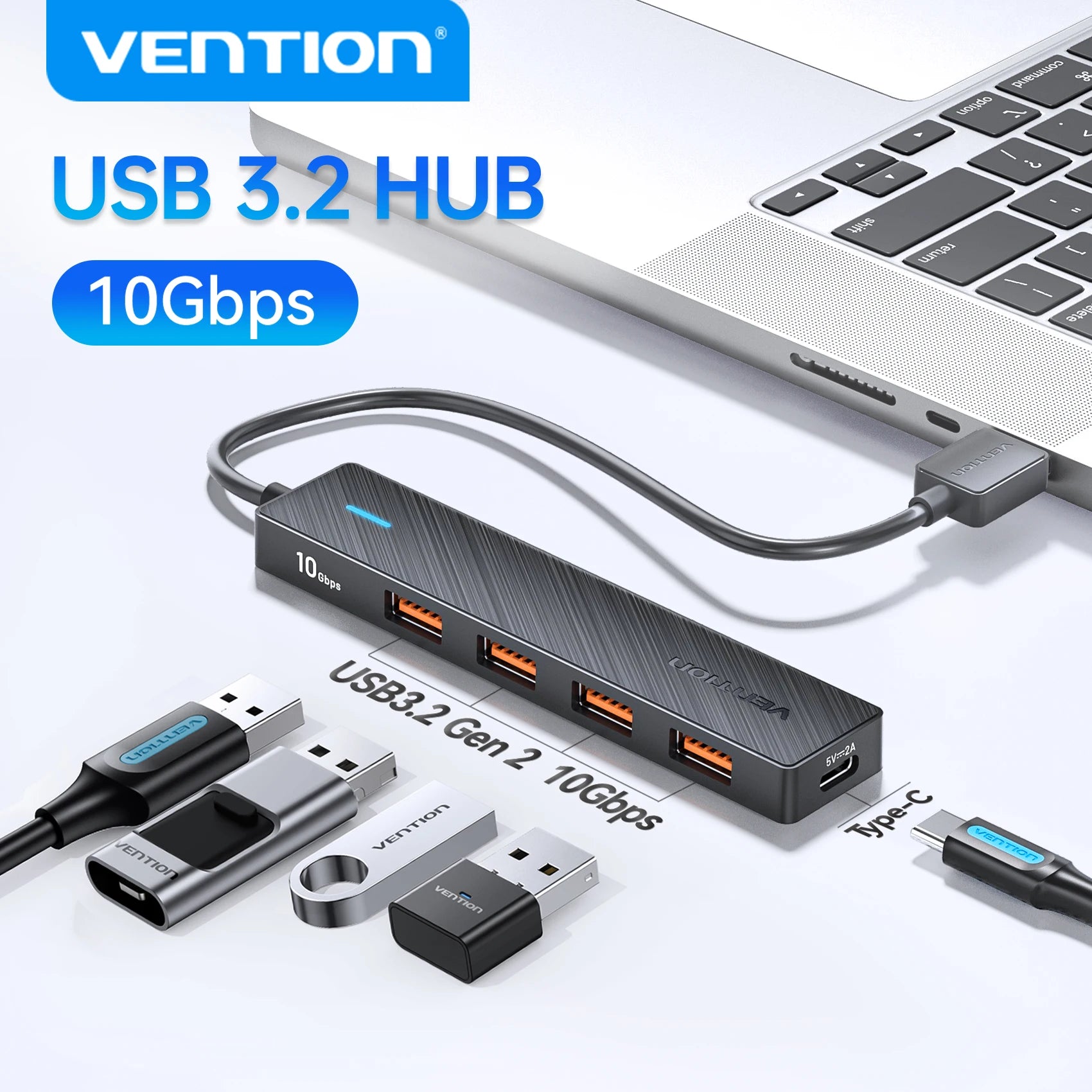 Hub USB Vention 5 Puertos 10Gbps — USB 3.2 Gen2 para MacBook y Laptop