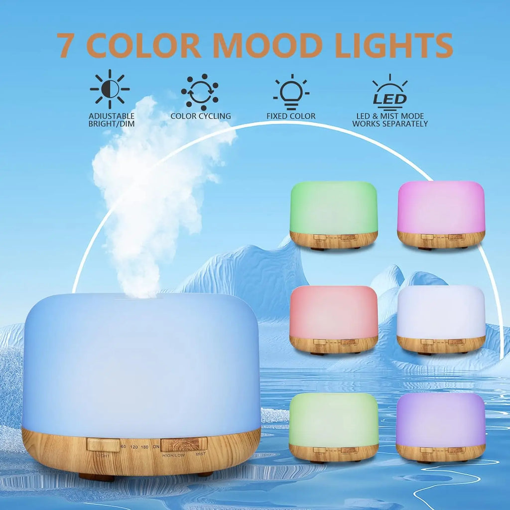 Humidificador Difusor 500ml Diseño Madera – Control Remoto, Luz Nocturna RGB para Hogar