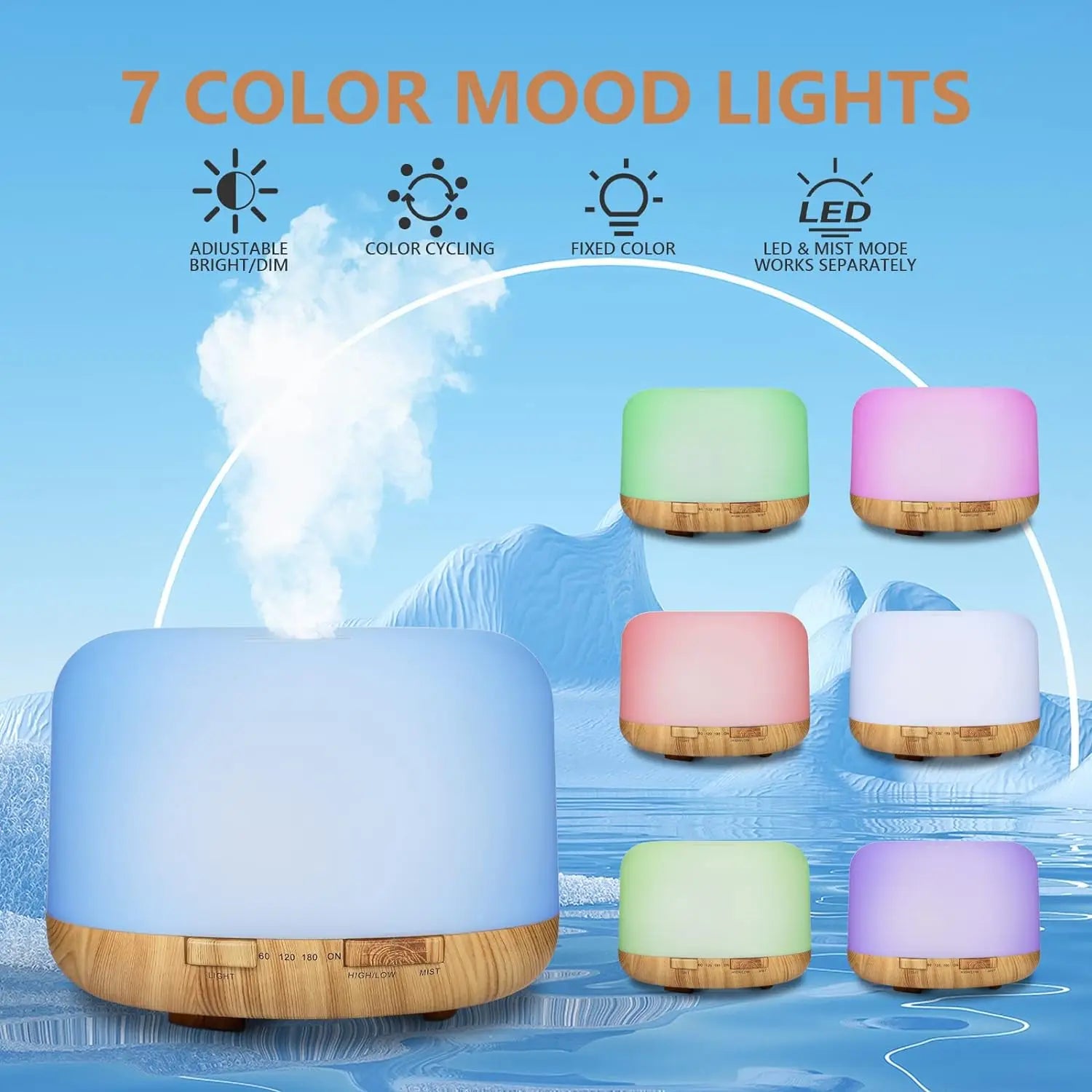 Humidificador Difusor 500ml Diseño Madera – Control Remoto, Luz Nocturna RGB para Hogar