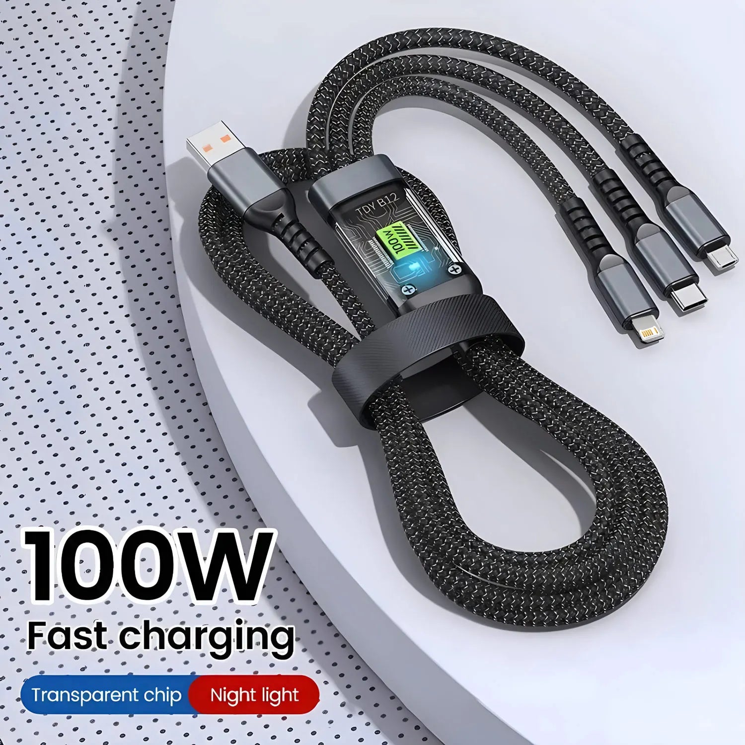 Cable 3 en 1 Carga Rápida 100W — USB-C, Micro USB y Lightning