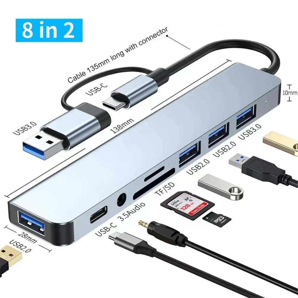 Hub USB 8 en 2 con Lector de Tarjetas SD/TF — Docking Station