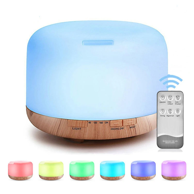 Humidificador Difusor 500ml Diseño Madera – Control Remoto, Luz Nocturna RGB para Hogar