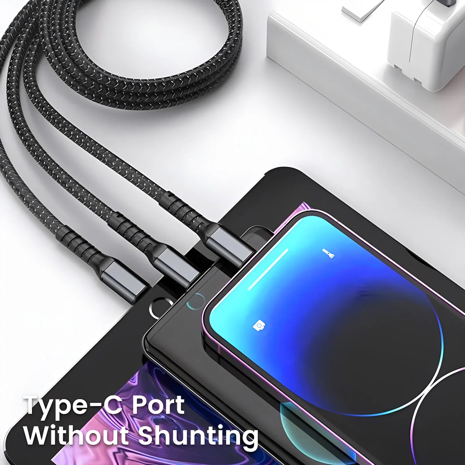 Cable 3 en 1 Carga Rápida 100W — USB-C, Micro USB y Lightning
