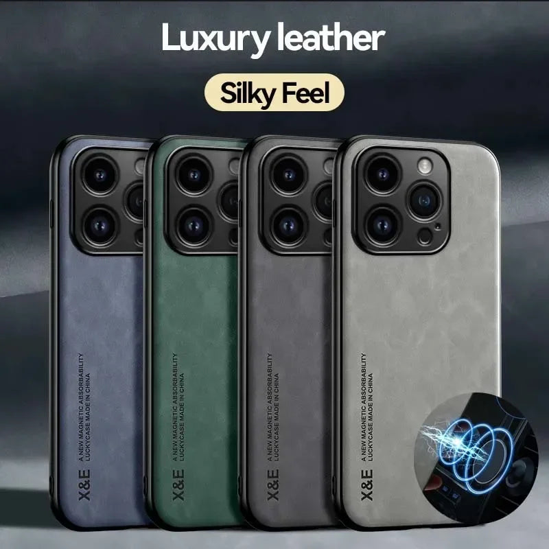 Funda de Cuero con Placa Metálica para iPhone — Soporte para Auto