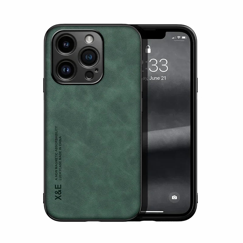 Funda de Cuero con Placa Metálica para iPhone — Soporte para Auto