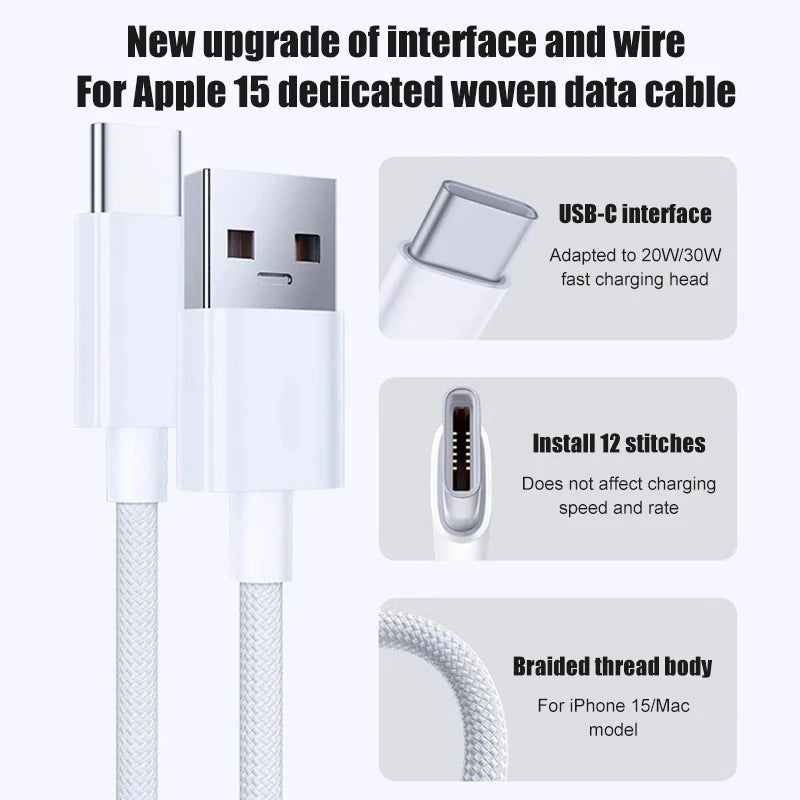 Cable USB-C 60W Carga Rápida para iPhone 15, 16 y 17 — Trenzado Nylon