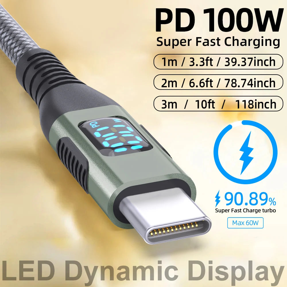 Cable USB-C 100W con Pantalla LED — Carga Rápida PD 5A