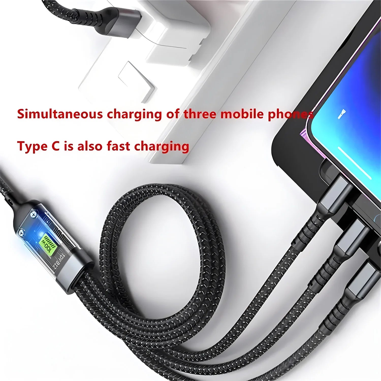 Cable 3 en 1 Carga Rápida 100W — USB-C, Micro USB y Lightning