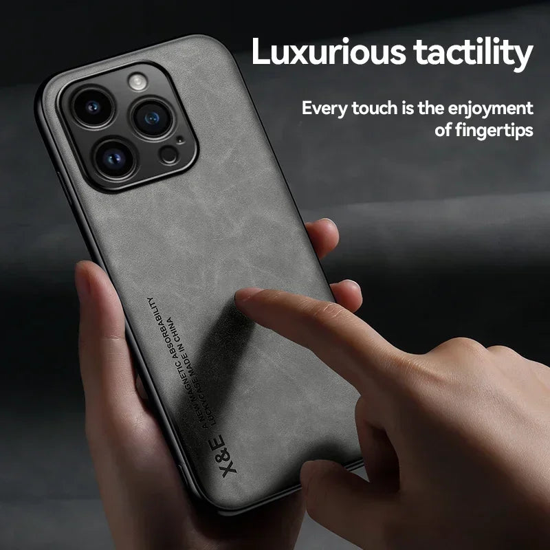 Funda de Cuero con Placa Metálica para iPhone — Soporte para Auto