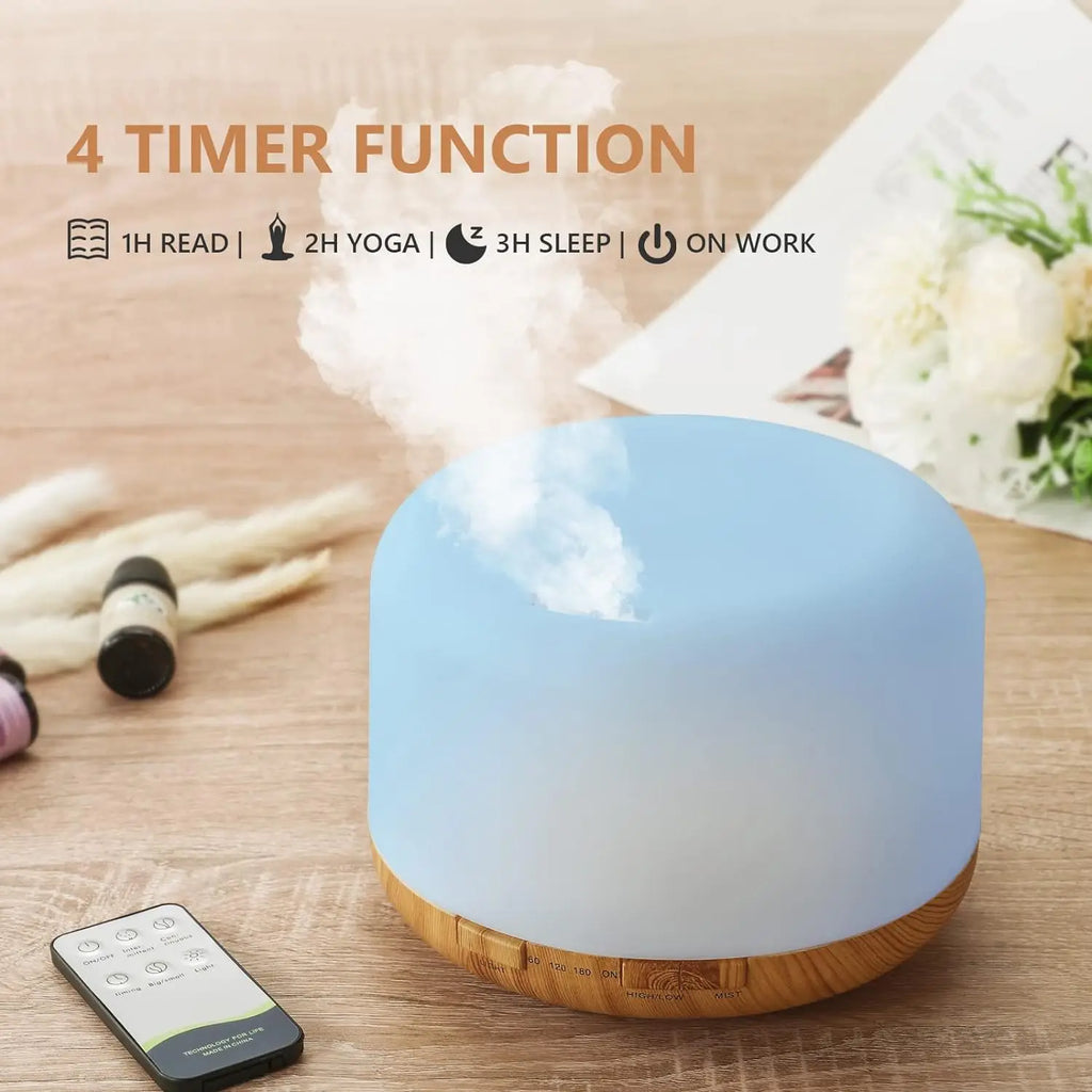 Humidificador Difusor 500ml Diseño Madera – Control Remoto, Luz Nocturna RGB para Hogar