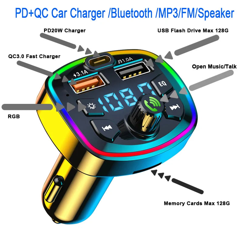 Transmisor FM Bluetooth 5.0 para Auto con Cargador USB Doble 2.1A