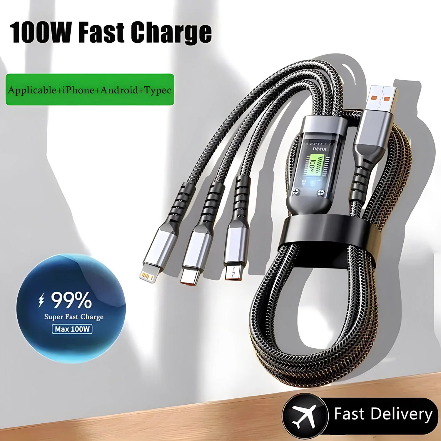 Cable 3 en 1 Carga Rápida 100W — USB-C, Micro USB y Lightning
