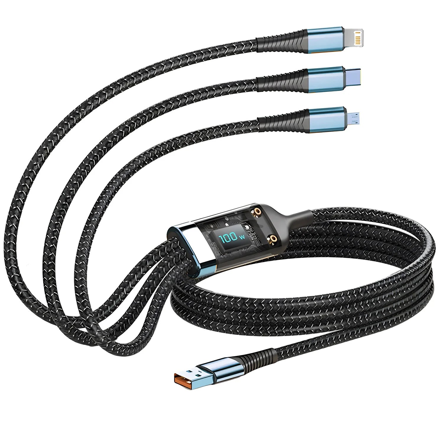 Cable 3 en 1 Carga Rápida 100W — USB-C, Micro USB y Lightning