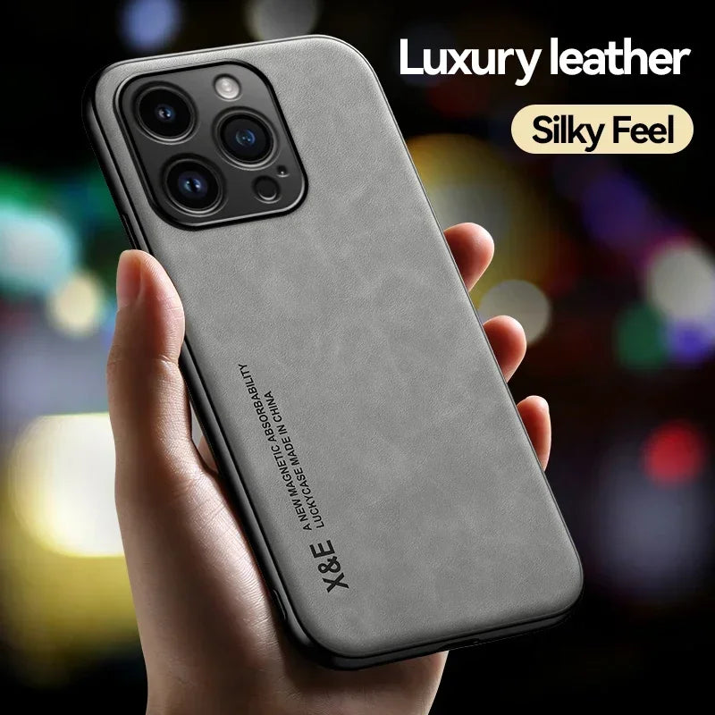 Funda de Cuero con Placa Metálica para iPhone — Soporte para Auto