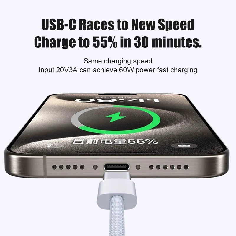 Cable USB-C 60W Carga Rápida para iPhone 15, 16 y 17 — Trenzado Nylon
