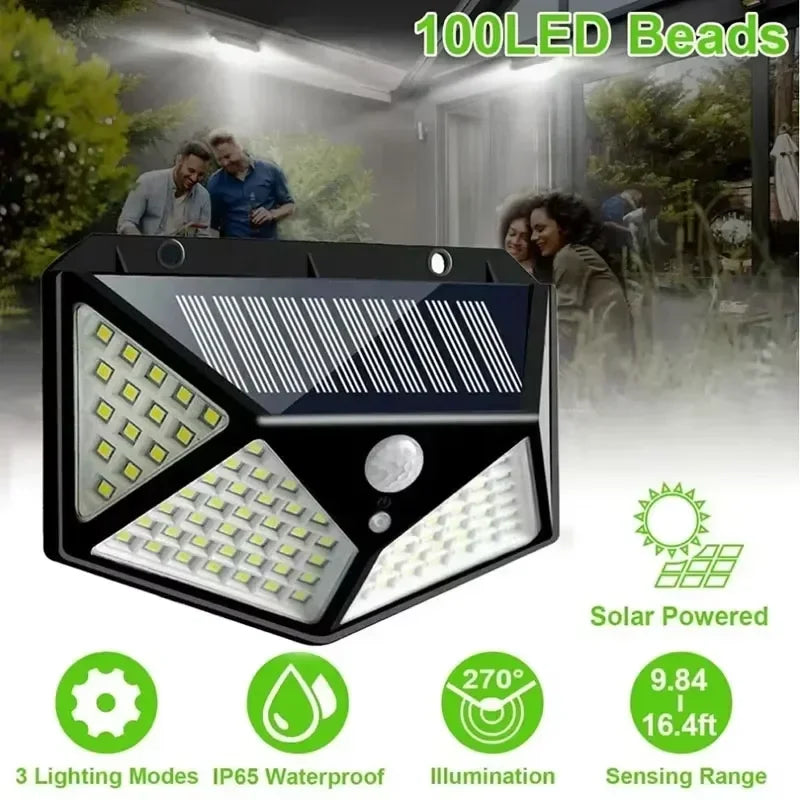 Lámpara Solar 100 LED con Sensor de Movimiento – Para Jardín, Patio y Decoración Exterior