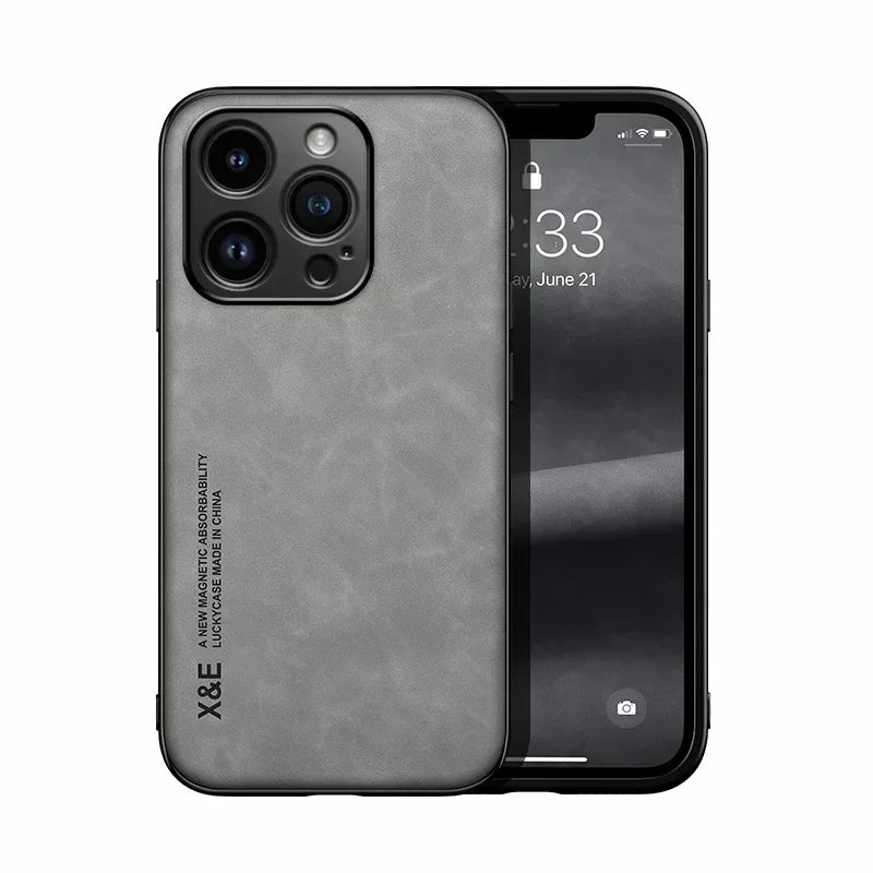 Funda de Cuero con Placa Metálica para iPhone — Soporte para Auto
