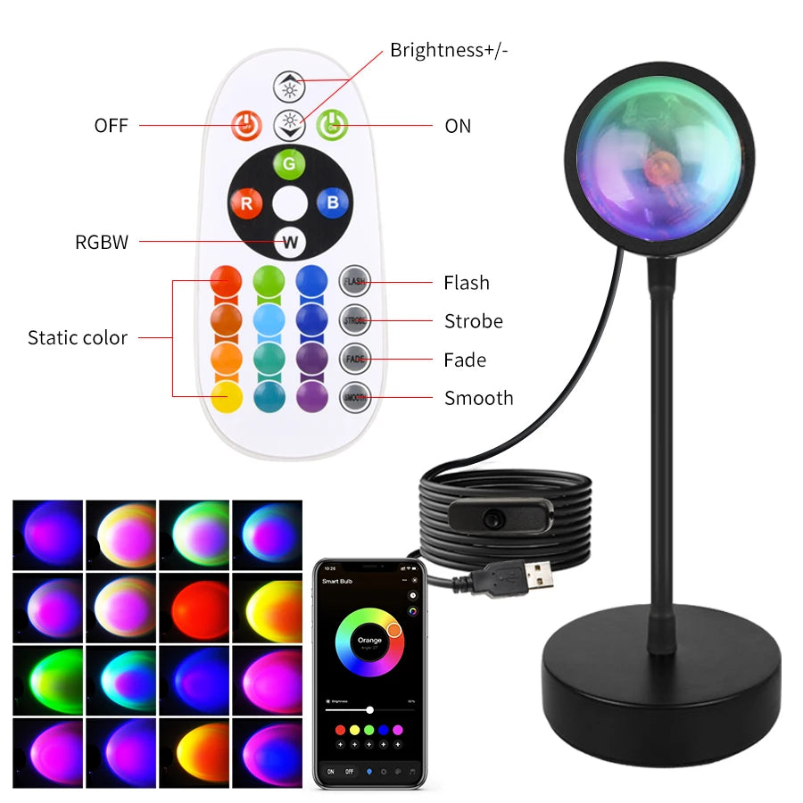 Lámpara Sunset RGB Inteligente Tuya – Proyección Decorativa USB con App y Control Remoto IR