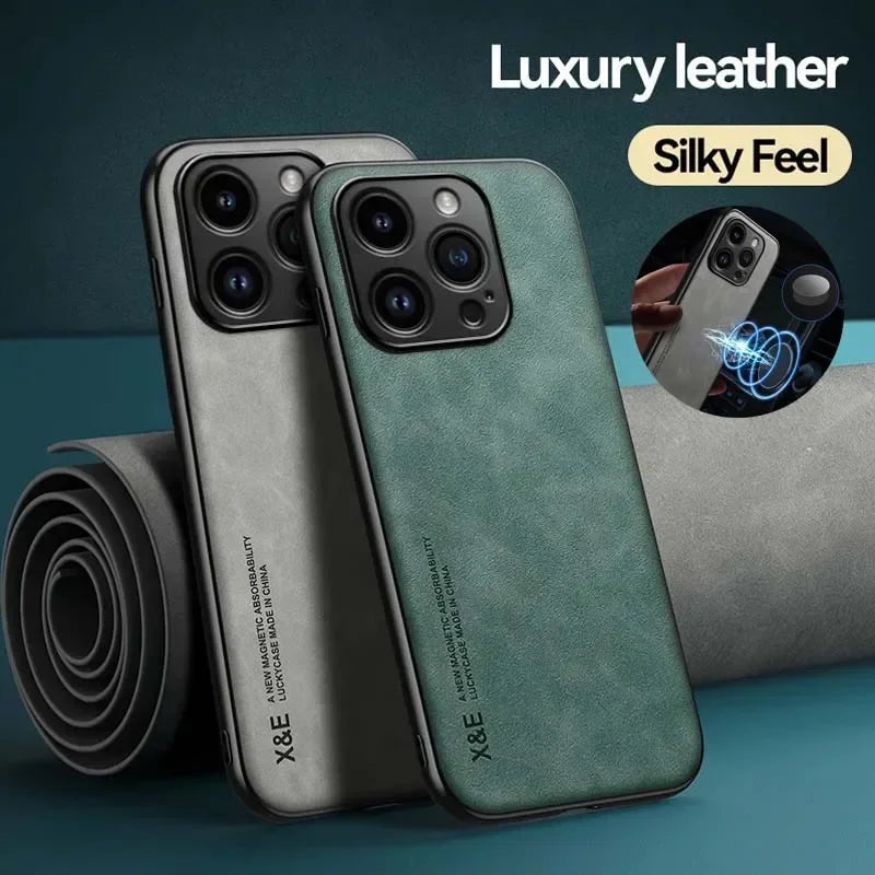 Funda de Cuero con Placa Metálica para iPhone — Soporte para Auto